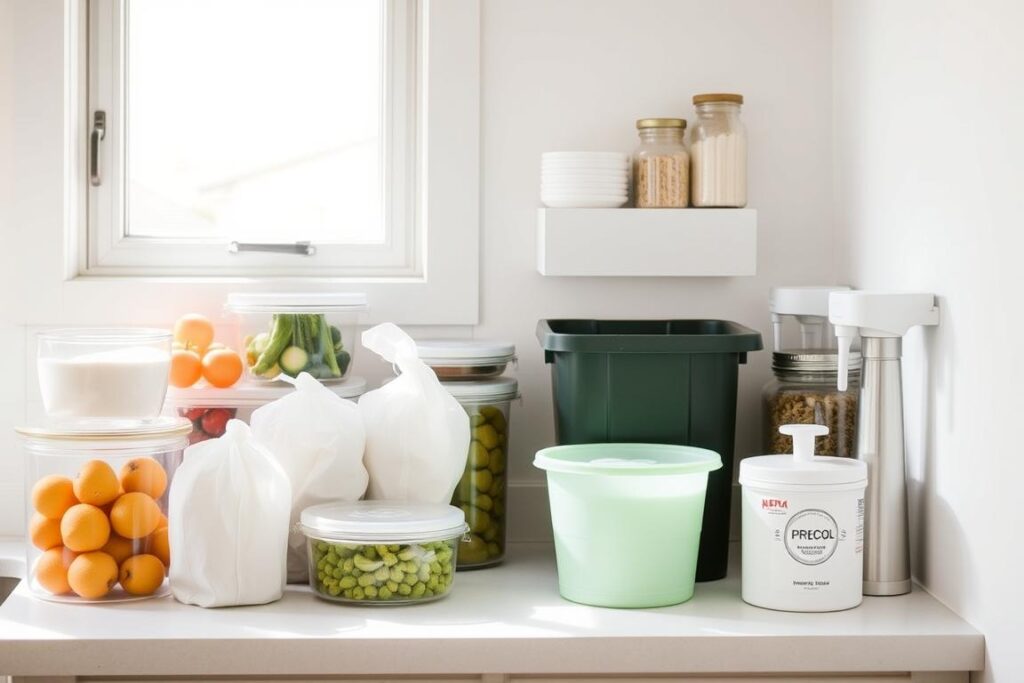 Contoh zero waste di dapur dengan wadah kaca dan tas belanja kain