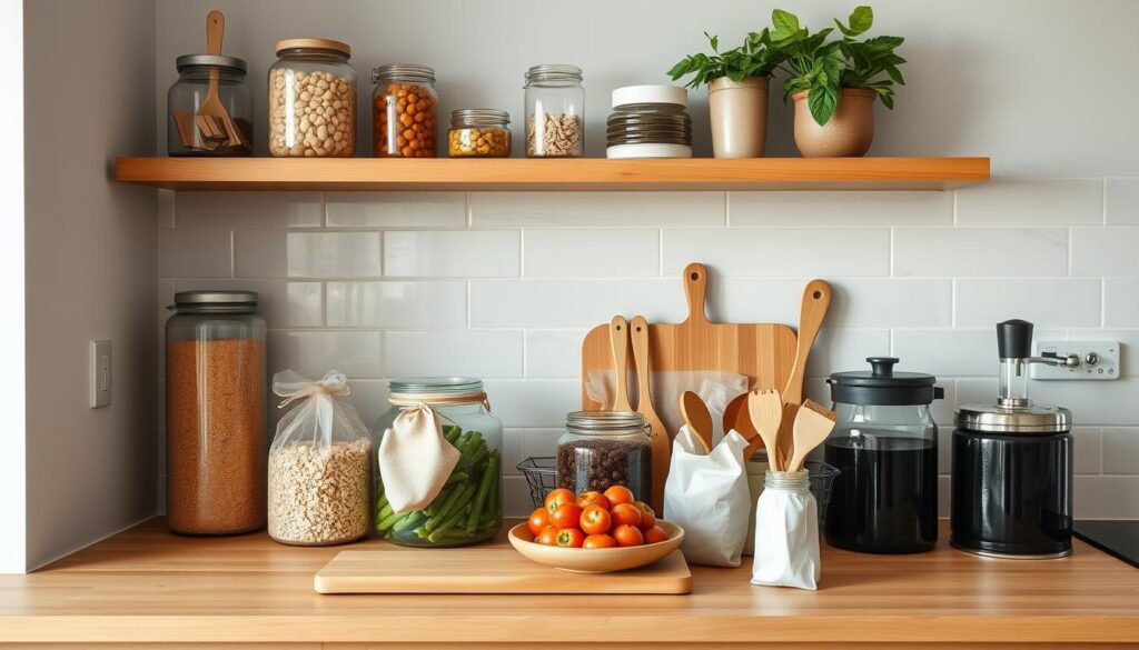 Dapur zero waste dengan berbagai solusi penyimpanan tanpa plastik